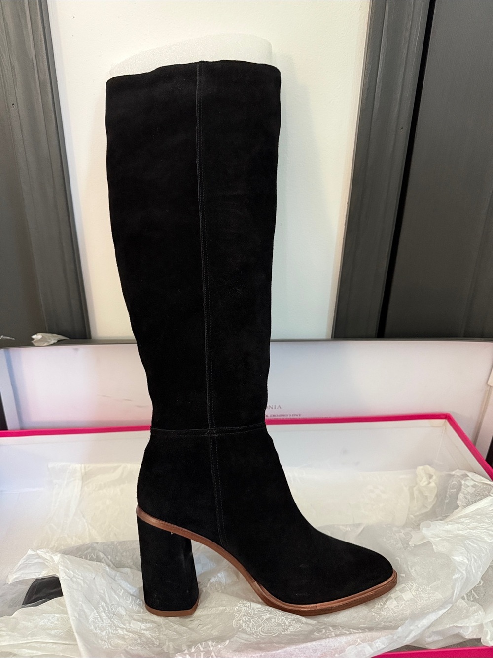 Vince Camuto Black Suede Knee-High Block Heel Boots Dameera
